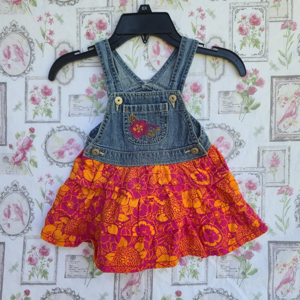 OshKosh B'gosh Girls Denim Tropical Floral Skirtall Dress Size 12M